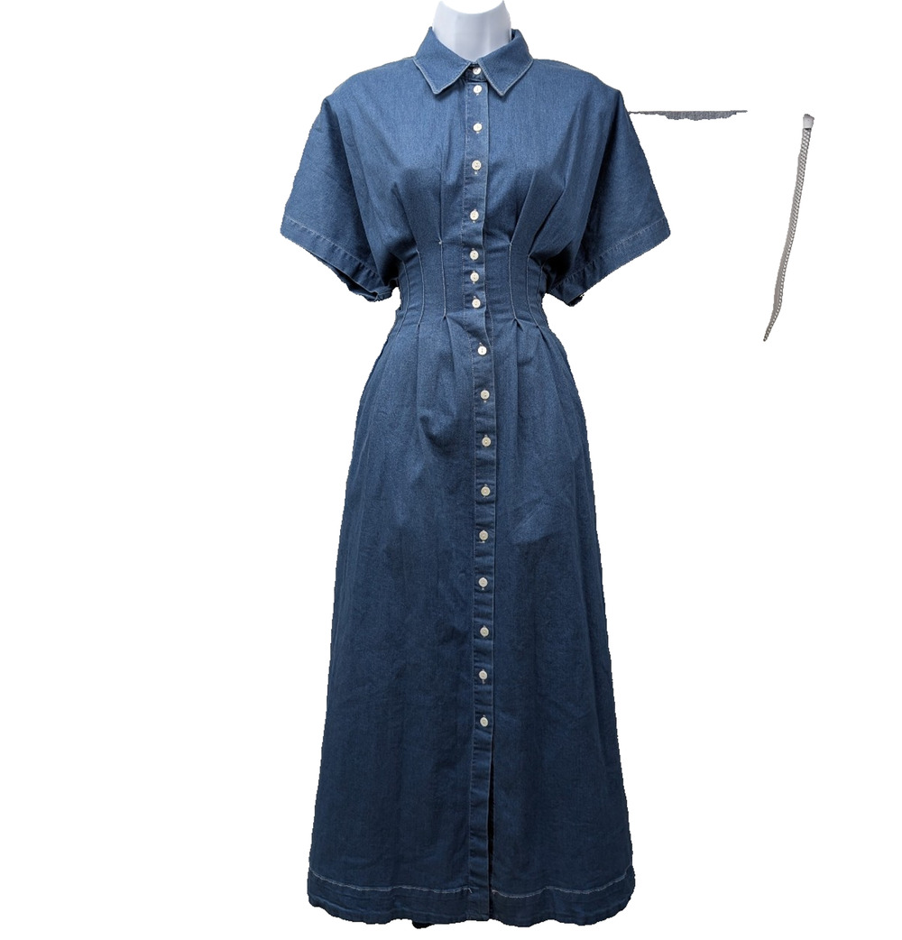 Exquise Tobie Button Front Pleated Shirt Dress Womens Small Blue Denim Cowgirl